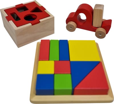 Playwood Houten speelgoedset blokken grijpauto vormenstoof blokkenstoof 3 stuks speelgoed voor de prijs van 1