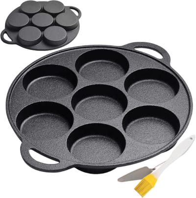 Gietijzeren Pan - Koekenpan 7 gaten - Ontbijt Bereiden - Non-stick oppervlak - 30.5 cm - Zwart