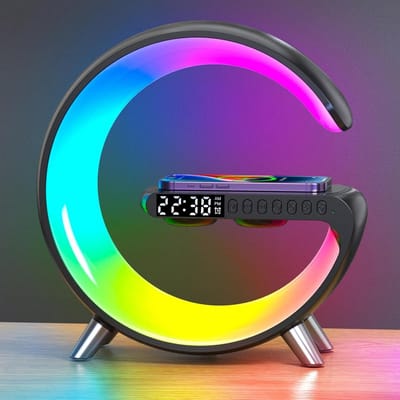 Draadloze Oplader met RGB Sfeerverlichting, Tijdweergave en Bluetooth Speaker