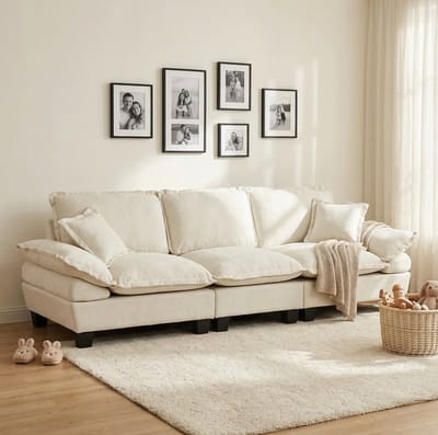OKWISH 3-Zitsbank 263 x 82 x 90 cm - Gebogen Armleuningontwerp Voor Compact Wonen - Woonkamer - Chenille - Beige