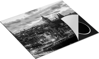 Chefcare Inductie Beschermer Amsterdam Centrum Luchtfoto Zonsondergang - Zwart Wit - 60x50 cm - Afdekplaat Inductie - Kookplaat Beschermer - Inductie Mat