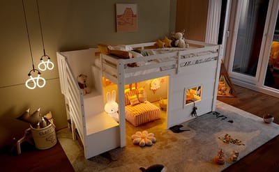 Zubaliya Hoogslaper 90x200 cm met Trap en Opbergruimte – Kinderbed met LED Verlichting en Raam Wit