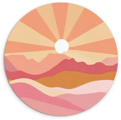 WallCircle® Wandcirkel 120x120 cm - Muurcirkel Bergen - Abstract - Zonnestralen - Roze - Muurdecoratie woonkamer - Wanddecoratie slaapkamer - Kamer decoratie accessoires - Ronde schilderijen XXL
