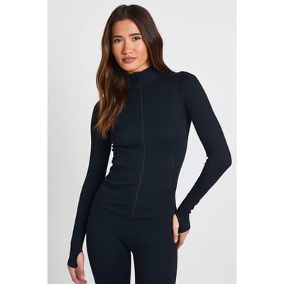 boohoo Dames Contour Geribbeld Doorritsjack Sportief | Zwart | Maat: XS