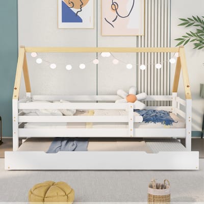 Baumhausbed Dagbed Eenpersoonsbed Kinderbed Uitschuifbed Schuifbed met Rollen onderkant - 90x200 & 90x190 cm - Massief hout - Wit bed - Natuurlijke kleur kapconstructie