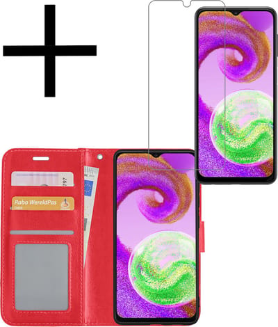 Hoesje - Met Screenprotector - Geschikt voor Samsung Galaxy A04s - Luxe Pasjeshouder - Bookcase Portemonee - Flip Case - Kunstleer Book Case - Flipcase - Book Cover - Walletcase - Portemonneehoes - Rood