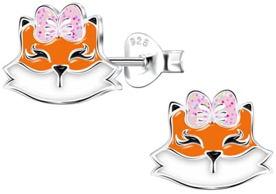 Joy|S - Zilveren vos oorbellen - vosje met roze strikje - 10 x 8 mm - kinderoorbellen - sterling zilver 925