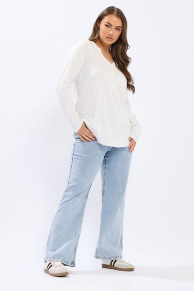 Yours Ivoorwit Geribbelde Henley Top Size 42