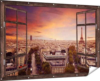 Gards Tuinposter Doorkijk Skyline Parijs met Eiffeltoren - 180x120 cm - Tuindoek - Tuindecoratie - Wanddecoratie buiten - Tuinschilderij