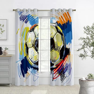 2 Panelen Kleurrijke Graffiti Voetbal Sporten Raamgordijnen Voor Woonkamer Kinderkamer Badkamer Keuken Deur Huisdecoratie W60xH100(CM)x2pcs&Rod Pocket