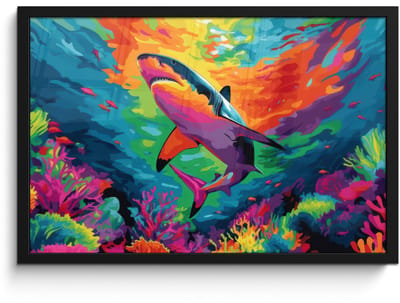Poster in lijst - Fotolijst 60x40 cm - Posters - Haai - Koraalrif - Abstract - Kleurrijk - Posterlijst zwart - Decoratie - Wanddecoratie woonkamer - Muurdecoratie slaapkamer