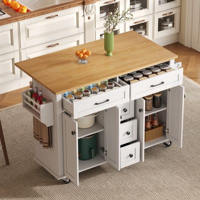 Sweiko Keukentrolley - 120 x 65 cm - 5 Laden - Handdoekenrek - met Wielen - Wit + Naturel