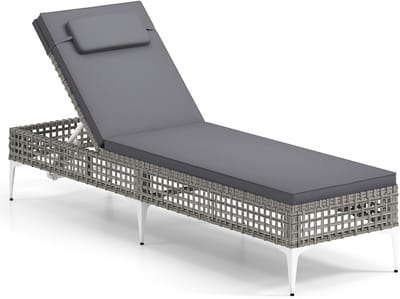 COSTWAY Zonneligstoel, rotan, ligstoel met kussen, hoofdsteun en verstelbare rugleuning, weerbestendige balkonstoel, terrasligstoel, belastbaar tot 180 kg, ligstoel voor tuin, terras, balkon