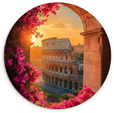 WallCircle® Wandcirkel 120x120 cm - Muurcirkel Colosseum - Rome - Roze Bloemen - Muurdecoratie woonkamer - Wanddecoratie slaapkamer - Kamer decoratie accessoires - Ronde schilderijen XXL
