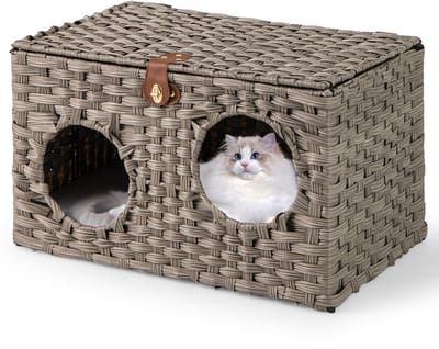 COSTWAY Kattenhuis van PE-rotan, inklapbaar, kattenbed met afneembaar kussen en afsluitbaar deksel, kattenkast voor kleine middelgrote katten, indoor kattenmeubels, 60 x 35 x 35 cm