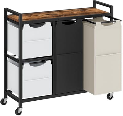 Allecto - Wasmand - Wasmand met wielen - Handig en veelzijdig - Rustiek bruin en zwart - Was-organizer - Perfect voor huis en gezin - Ruim formaat