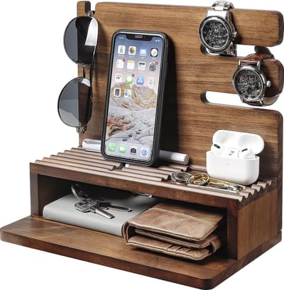 Telefoondockingstation, hout, cadeau voor mannen, echtgenoot, vriend, bureau-organizer voor horloges, mobiele telefoon, tablet, brillen, sleutels, portemonnees