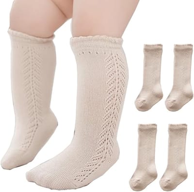 Sokken - Kindersokken - 2 paar overknee-sokken - Ademende overknee-sokken voor baby's - Katoenen sokken voor pasgeborenen en peuters, geschikt voor jongens en meisjes van 3-12 maanden, kaki