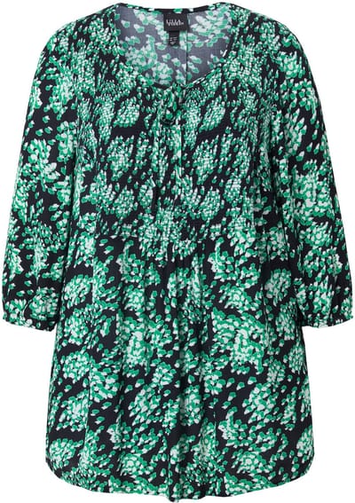 Ulla Popken - Dames - Gerimpelde blouse all-over print A-lijn ronde hals - Asfaltgrijs - Maat 46+