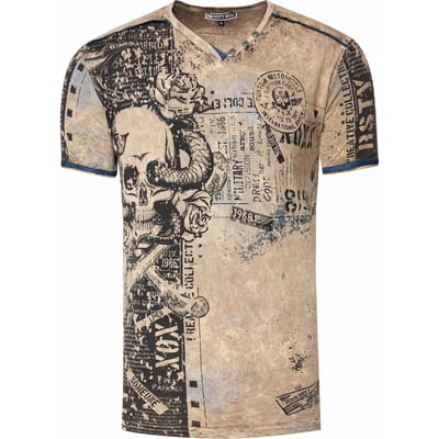 T-shirt met V-hals en all-over skull- en slangprint en suède details