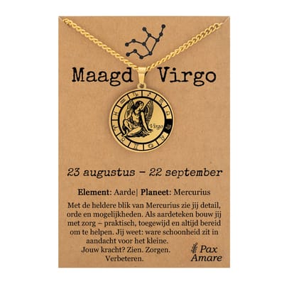 Maagd / Virgo Sterrenbeeld Ketting op Cadeau Kaartje - Goudkleurig - RVS - Spiritueel Cadeau - 60cm - Pax Amare