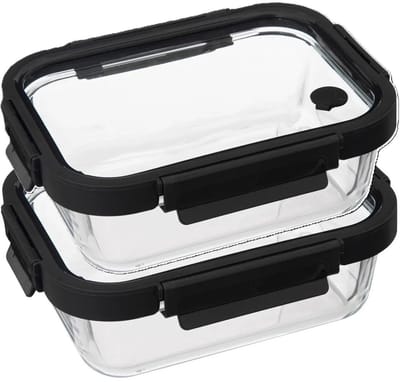 5Five Vershoudbakje met deksel - 2x - glas - luchtdicht - met clips - 21 x 17 x 7 cm - 900 ml - zwart/transparant