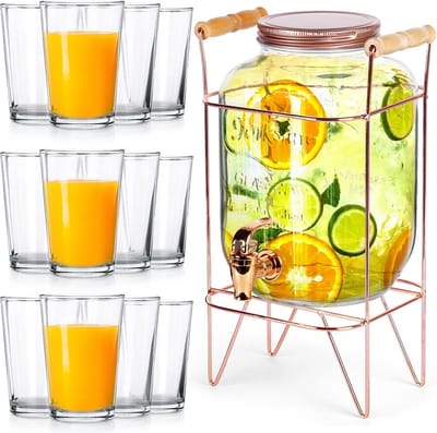 Drankdispenser met Kraan en Gouden Houder met Glazen 4,2 l / 200 ml 14 delig - Kraantje - Limonadetap - Drank Dispenser - Limonadedispenser - Kan - Karaffe