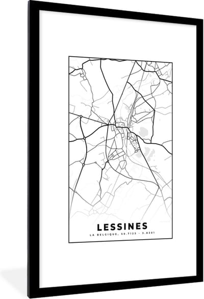 Fotolijst incl. Poster Zwart Wit- Stadskaart – Zwart Wit - Kaart – Lessines – België – Plattegrond - 80x120 cm - Posterlijst