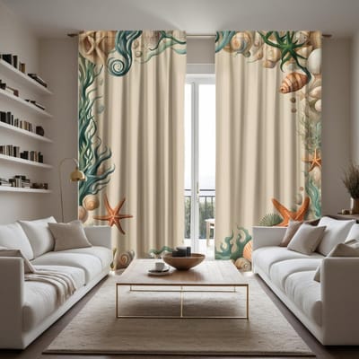 2 stuks HD Zeebodem Wereld Zeester schelp watergras decoratief gordijn Wit lint digitaal bedrukt gordijn Huisdecoratie styl W52H63inchW132H160cm beige