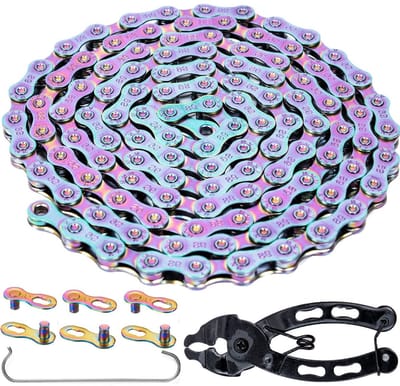 Kleurige fiets ketting van koolstofstaal, 9-voudige treksterkte, 116 schakels met PowerLock+ gereedschap, geschikt voor Shimano/SRAM 9-speed MTB en racefietsen