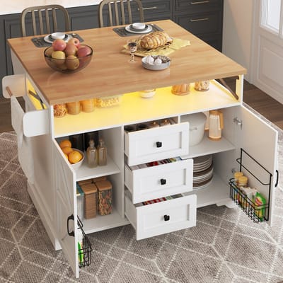 HAUSS SPOLE Keukentrolley 120 x 71,5 x 98 Cm - Inklapbaar Uitschuifblad Met Slimme Ledverlichting - Voor Keuken En Mobiele Bar - Mdf Metaal - Wit