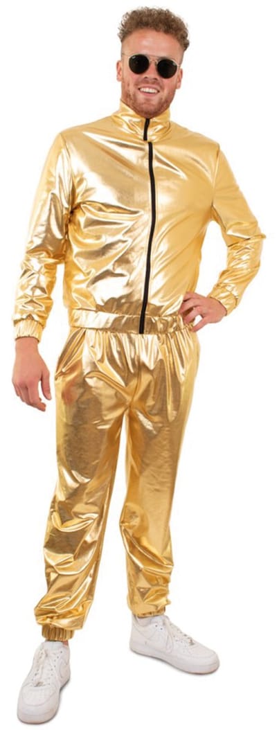 PartyXplosion - Glitter & Glamour Kostuum - Gouden Metallic Retro Trainingspak Proud To Be Goud Heren - Man - goud - Extra Small - Carnavalskleding - Verkleedkleding - Carnaval kostuum heren