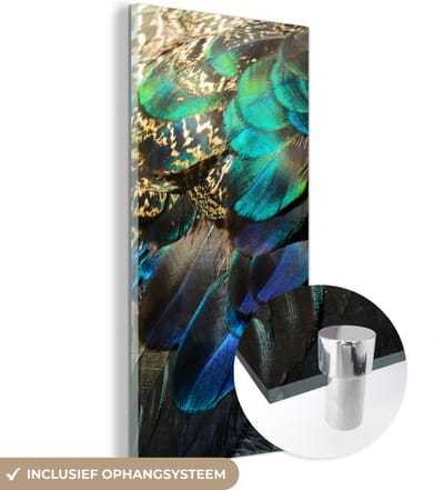 MuchoWow® Glasschilderij 20x40 cm - Schilderij acrylglas - Veren - Pauwveren - Pauw - Blauw - Kunst - Foto op glas - Schilderijen