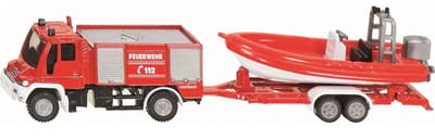 SIKU 1636, Brandweer Unimog met boot, 1:87, metaal/kunststof, rood, drijvende boot