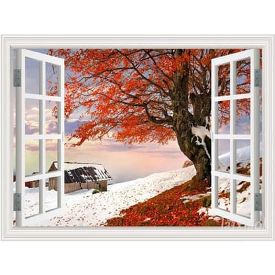 Borduurraam buiten sneeuwscène Diamond Painting Cross Stitch Mozaïek Rode Boom Patroon Natuurlijk 20X30CM gray