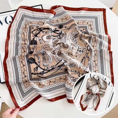 Dames Sjaal - Sjaals - Stola - Vierkante doek - Elegant Stijlvol Dames haar sjaal - Satijn zijde - Hals sjaaltje - Sjaaltje Satijn - Neksjaaltje - Omslagdoek Modesjaals - Neksjaal - Klein Sjaaltje -Barokke zadel - koffie wit-70*70CM