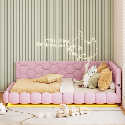 LED-slaapbank, 140x200 cm, met USB-poort – lamsvachtstof, app-gestuurde verlichting, kan gebruikt worden als logeerbed, roze