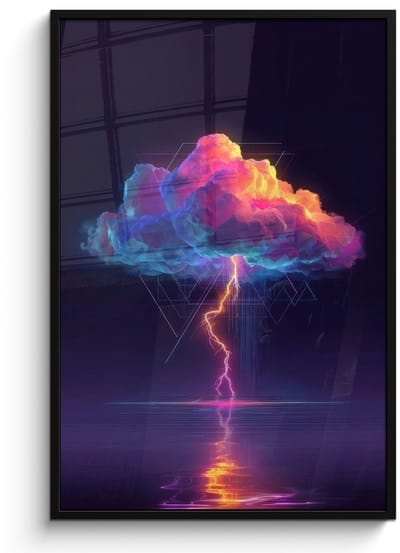 Poster in lijst - Fotolijst 80x120 cm - Posters - Donderwolk - Bliksemschicht - Licht - Blauw - Posterlijst zwart - Decoratie - Wanddecoratie woonkamer - Muurdecoratie slaapkamer