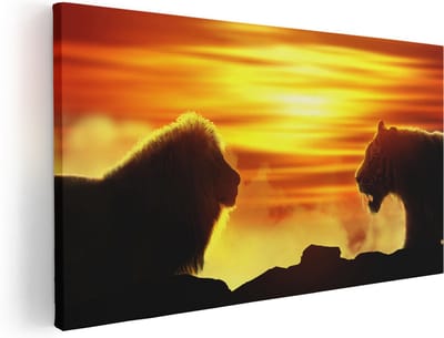 Artaza Canvas Schilderij Leeuw En Tijger - 40x20 cm - Klein - Wanddecoratie Dieren - Muurdecoratie Zonsondergang - Schilderijen Op Canvas
