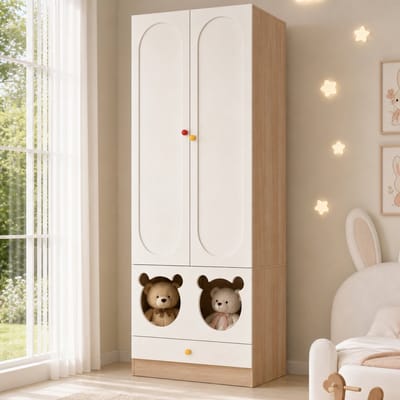 Kledingkast - 2 Deurs 200x80x50 cm, Kinderkledingkast met Kledingroede en Laden, Garderobekast voor Kinderkamer, Kast met 2 Deuren, Opbergkast, Slaapkamerkast, Wit Houtlook, MDF, Moderne Kinderkamermeubels - Wit/Natuurlijke houtkleur