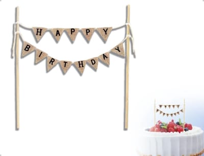 Dailygoods- Taartdecoratie Set - Taarttopper "Happy Birthday" - Vlagslinger - Houten Stokjes - Duurzaam Linnen - 44 cm Lang - Taartversiering