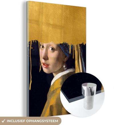 MuchoWow® Glasschilderij 40x60 cm - Schilderij acrylglas - Meisje met de parel - Goud - Johannes Vermeer - Foto op glas - Schilderijen