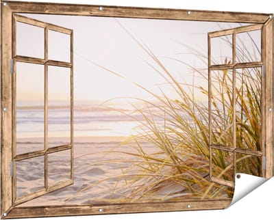 Gards Tuinposter Doorkijk Strand en Duinen tijdens Zonsondergang - 150x100 cm - Tuindoek - Tuindecoratie - Wanddecoratie buiten - Tuinschilderij