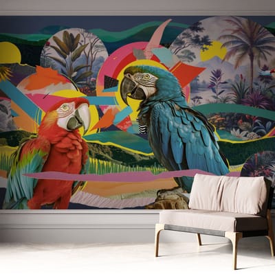 Coloray Zelfklevend Behang - Exotische vogels Stickerbehang op rol - 312x250 cm - Blauw Zelfklevend Behang - Voor de woonkamer, slaapkamer en kantoor - Plakklare achterzijde - Zelfklevend fotobehang