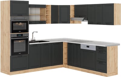 Vicco Hoekkeuken R-Line, Antraciet landhuis/Goudkleurig Eiken, 247 x 237 cm, WB Marmer