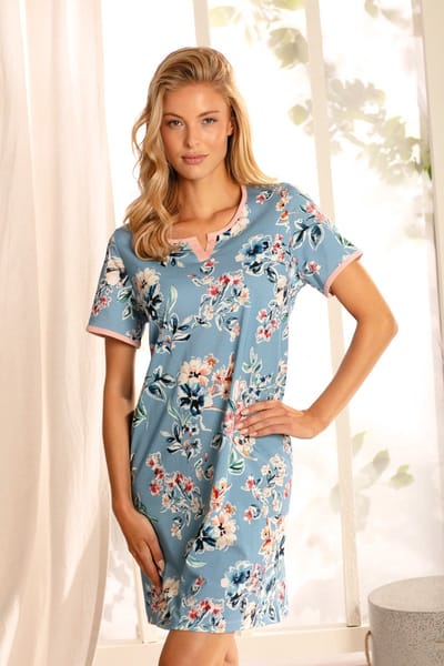 Aquablauw katoenen nachthemd Ascafa - Blauw - Maat - 46