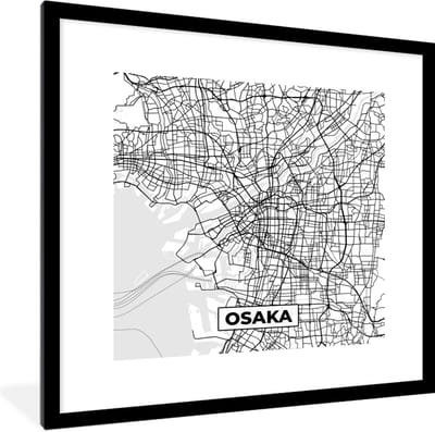 Fotolijst incl. Poster Zwart Wit- Osaka - Stadskaart - Plattegrond - Zwart Wit - Kaart - 40x40 cm - Posterlijst