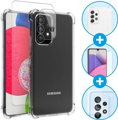 Schokbestendig Transparant Hoesje + 9H Tempered Glass + Camera Protector Transparant Geschikt voor Samsung Galaxy A53