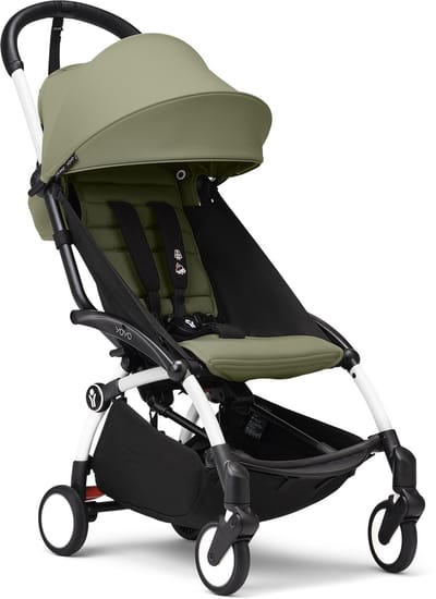 Stokke YOYO3 kinderwagen vanaf 6 maanden - Inclusief wit frame / Olive zitkussen + luifel - In een handomdraai in- en uitklapbaar - Licht en compact - Past in handbagage
