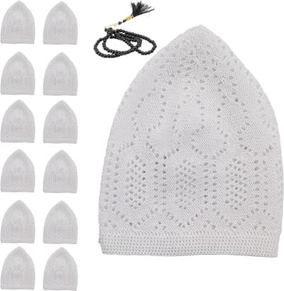 FIRASET Islamitische Gebedsmutsen- Islamitische Kufi Muts voor Heren – Fluwelen Gehaakte Gebedsmuts – Rekbaar & Ademend – Standaardmaat – Set van 12 Witte Kufi Hoeden